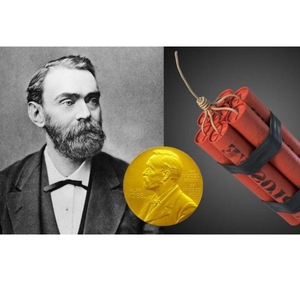 Montage of Alfred Nobel, Nobel Prize and Dynamite.