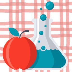 Illustration of apple with beaker of bubbling liquid