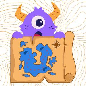 Cartoon monster peering over scroll with map