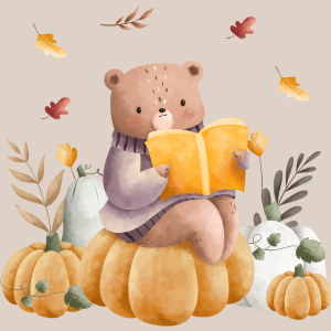 Illustration of bear reading with pumpkins and fall leaves