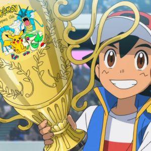 Ash from Pokemon holding trophy