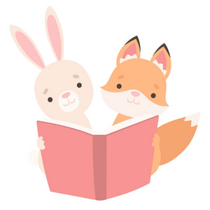Illustration of bunny and fox reading a pink book