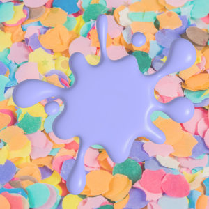 Purple slime blob on confetti background