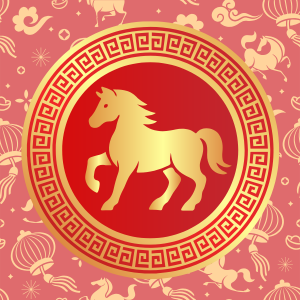 Image of gold fire horse from Chinese zodiac on red background 