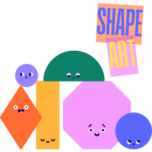 Colorful shapes with faces and text "Shape art"