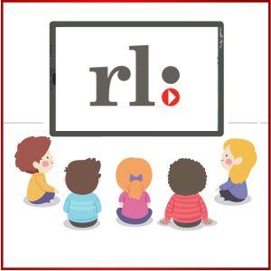 Illustration of children watching movie screen with Library logo