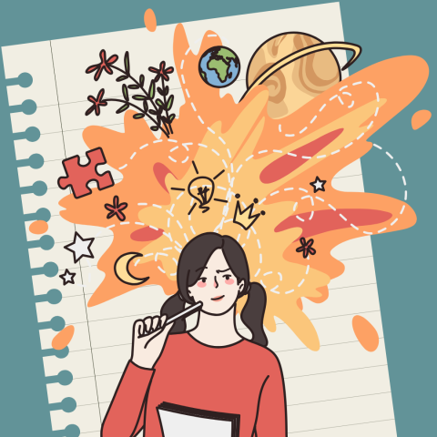 A girl thinks big thoughts, against a background of a large piece of lined paper