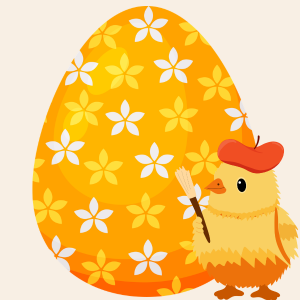 Chick with paintbrush in front of patterned egg