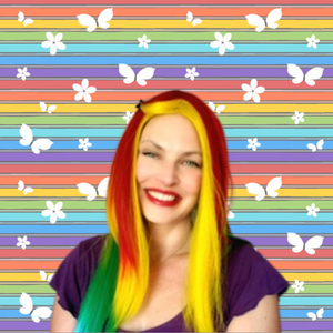 Photo of Joy Blooms against rainbow background