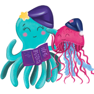 illustrated octopus and jellyfish reading a book