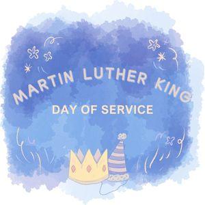 Text "Martin Luther King Day of Service" on blue background with party hat
