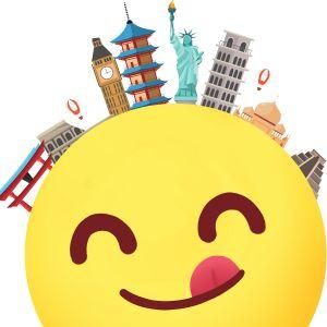 Illustration of smiling emoji with global landmarks