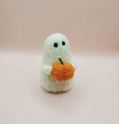 Little Felted Ghost Holding Pumpkin