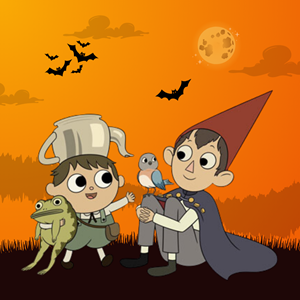 Wirt and Greg sit on a dark, grassy hill against an orange background. Bats fly in the sky in front of a moon and clouds.