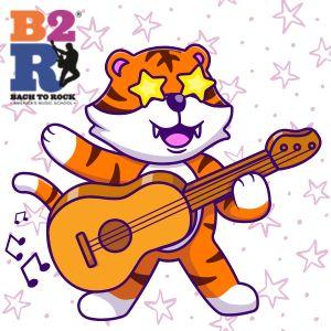 Illustrated tiger playing guitar with Bach to Rock logo