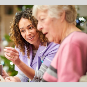 Caregiver with Woman with Dementia, Communicating