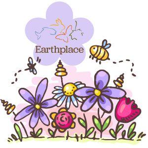 Earthplace logo with illustration og bee flying above purple flowers