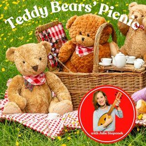 Photo of teddy bears sitting on picnic blanket with call out photo of Julie Stepanek