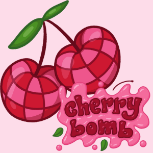 Illustration  of cherries with text in bubble letters "cherry bomb"