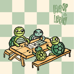 Illustration of turtle family playing checkers on checkerboard background