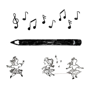 Hand drawn music notes, pencil and dancing girl in black and white
