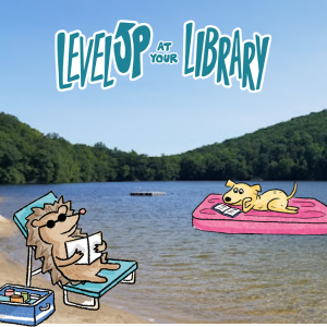 Illustration of animals reading at the beach superimposed on photo of Martin Park beach