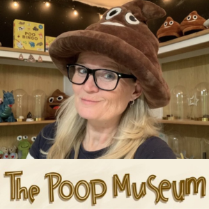Photo of poop expert Susie Maguire wearing poop emoji hat