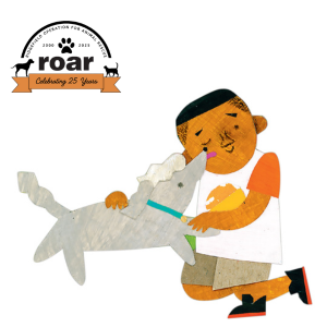 Illustration of boy hugging dog with ROAR logo