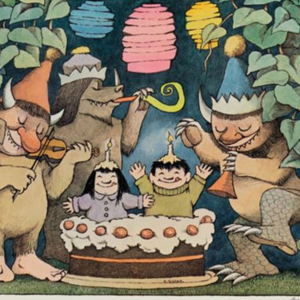 Maurice Sendak illustration of Wild Things around cake