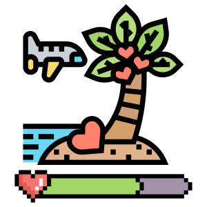 Illustration of deserted island with airplane and health bar