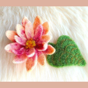 Pink Felted Flower with Leaf