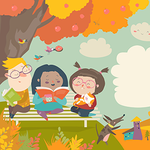 Illustration of kids reading under fall tree