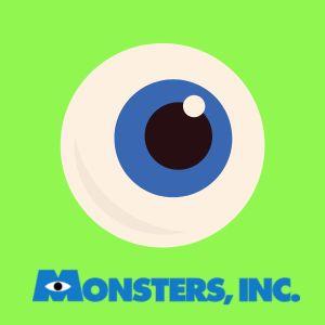 Cartoon eyeball on green background with Monsters, Inc. logo