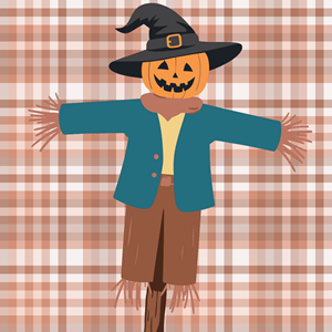 A drawing of a scarecrow against a red plaid background