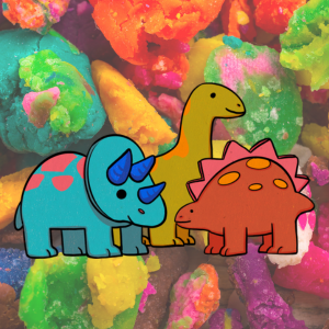Illustration of dinosaurs over photo of playdough