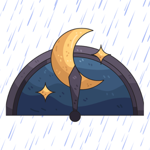Clock shows midnight in the rain with moon and stars