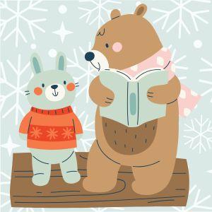 Illustration of bunny and bear reading a blue book