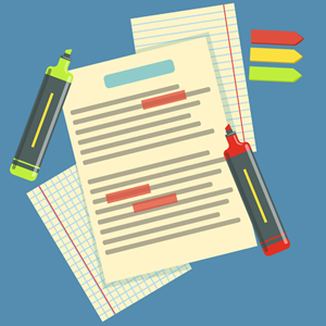 A blue background with papers, sticky notes, and highlighters